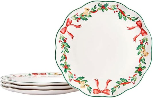 Bico Ribbon Christmas Scalloped Dinner Plates Set of 4, 11 Inch Large Ceramic Plates for Pasta, Steak, Stylish Serving Dishes, Microwave and Dishwasher Safe, Gift for Housewarming and Christmas
