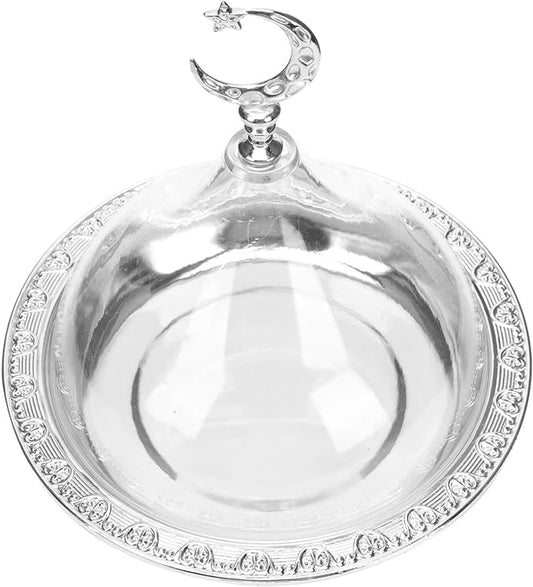 Zerodeko Eid Mubarak Cake Stand with Dome Lid Ramadan Cake Plate with Acrylic Cover Metal Muslim Dessert Holder Serving Tray for Eid Mubarak Party, 17x17cm, Silver, E191567BN3