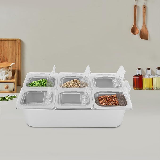 6 Pans Ice Food Serving Display Container, Stainless Steel Serving Tray Catering Supplies Buffet Display Condiment Dispenser Plate Case with Acrylic Replaceable Lids for Restaurant Hotel Kitchen