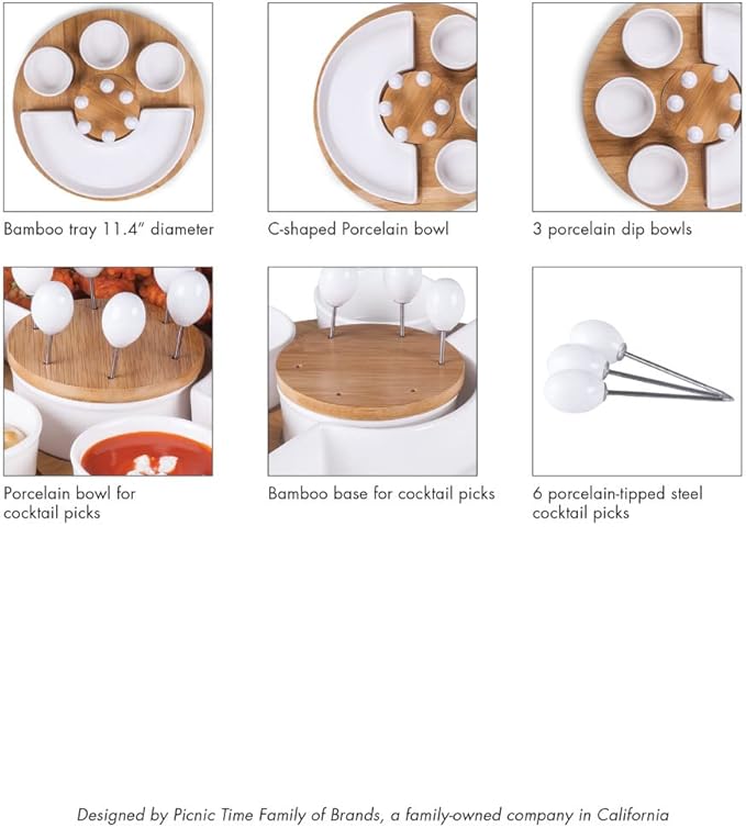 PICNIC TIME NFL Symphony Appetizer Serving Tray Set, Party Platter Set, Appetizer Plate, (Bamboo & White Ceramic)