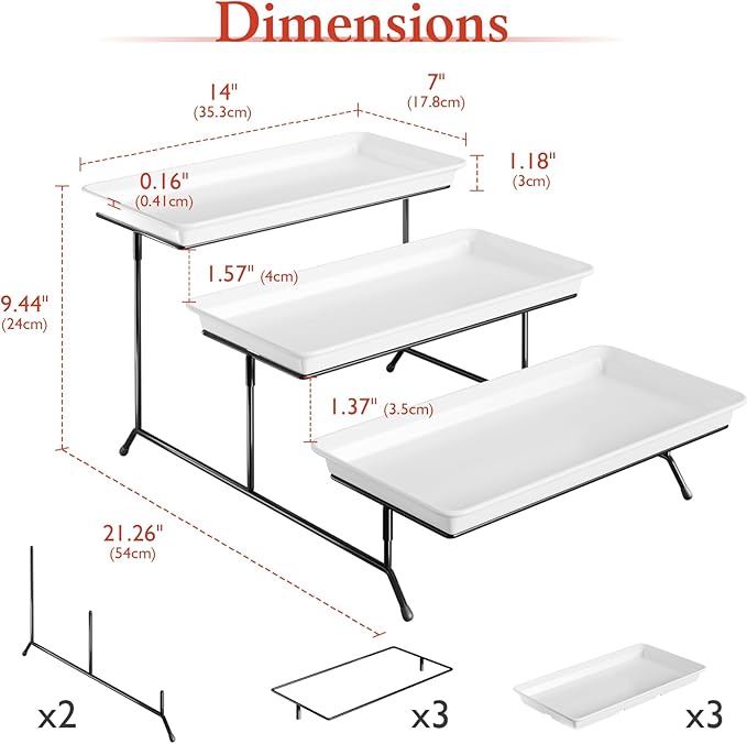 3-Tier Melamine Serving Tray Set, 14"x7" Platters for Serving Food, White Reusable Trays with Black Metal Display Stand for Cupcakes, Sevring Food, Dessert, Fruit, Cookie, Black