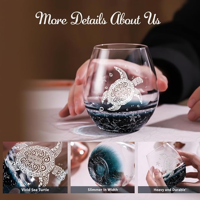 Sea Turtle Wine Glasses Set 2 - 13.3oz Crackle Teal Design, Hand blown Tortoise Wine Tumbler,Sea Turtle Gifts for Women, Birthday/Housewarming/Christmas Gifts for Seaturtle Lovers(2Count, White)