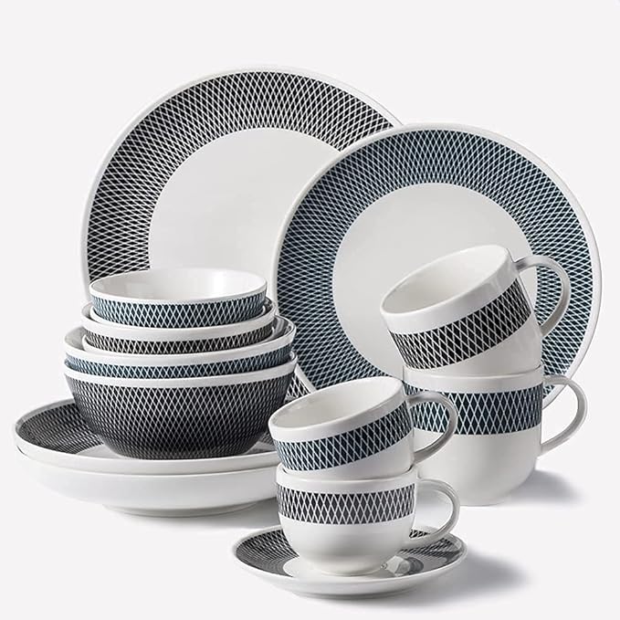 24pcs Dinnerware Sets, Fashional Ceramics Dinner Plates, Tableware Set with Blue and Black Geometric Plaid, Microwave and Dishwasher Safe, Service for 4