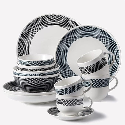 24pcs Dinnerware Sets, Fashional Ceramics Dinner Plates, Tableware Set with Blue and Black Geometric Plaid, Microwave and Dishwasher Safe, Service for 4