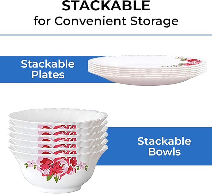 Borosil Gourmet Dinnerware Set For 6, 35 Pieces, White Dinner Plates and Bowls, Chip Resistant Tempered Opal Glass, Stain Resistant, Dishwasher & Microwave Safe Dinner Set For Gifting, Serves 6