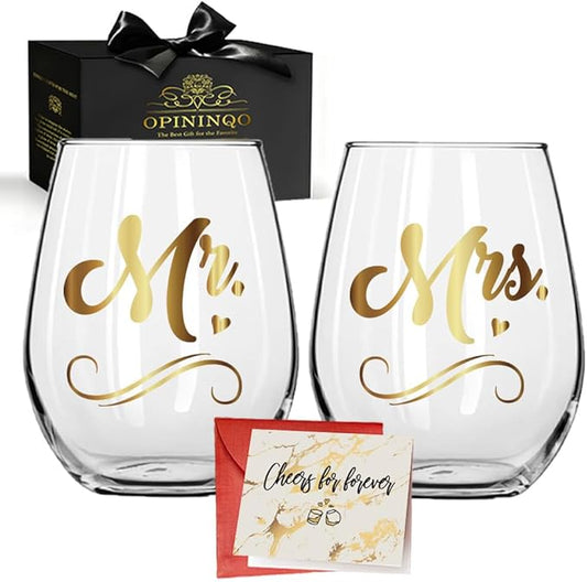 Mr Mrs Wine Glasses Set Wedding Gifts for Couples Newlyweds - Engagement Gift for Bride Groom, Bridal Shower Gifts for Bachelorette Future Mrs. - Wedding Registry Ideas, Honeymoon Essentials