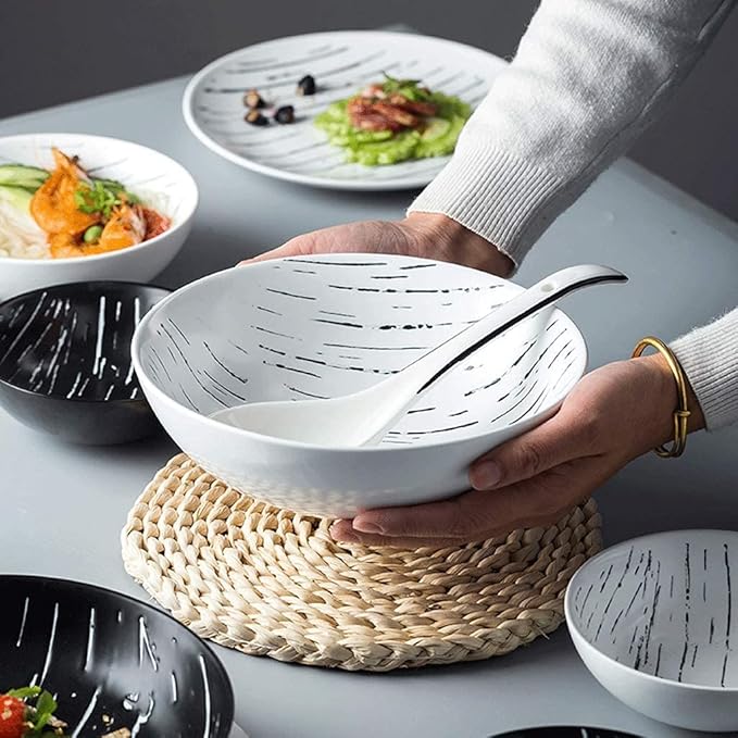Stylish Dinner Plates,Ceramics Dinner Sets, 56 Pieces Porcelain Dinnerware Combination Set | Black and White Matte Plates and Cereals Bowls Sets for Family Gathering