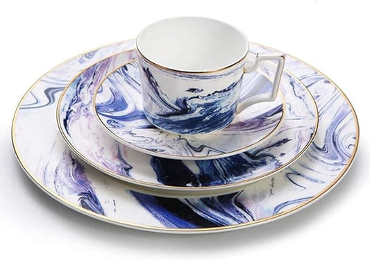 Elegant Dinnerware Set Dinner Plates Bowls Set Fine Bone China Porcelain Dinnerware Set Service For 1, White Blue Luxurious Tableware Sets,C
