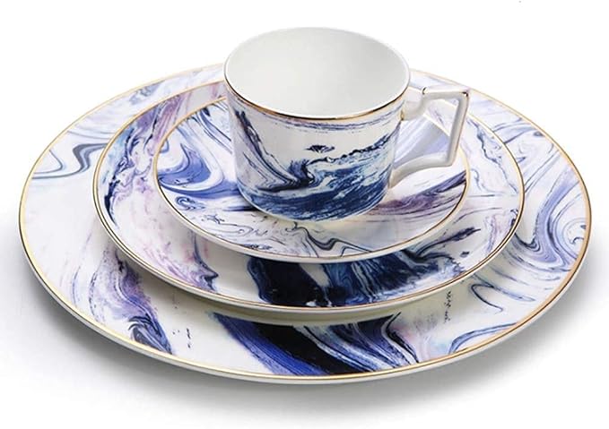 Elegant Dinnerware Set Dinner Plates Bowls Set Fine Bone China Porcelain Dinnerware Set Service For 1, White Blue Luxurious Tableware Sets,A