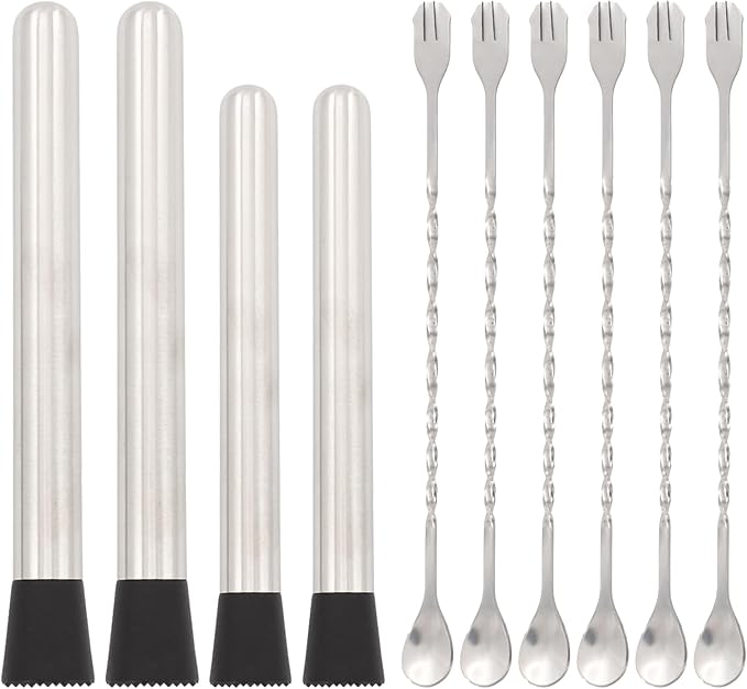 10 Inch & 8 Inch Stainless Steel Cocktail Muddler with 6 Mixing Spoon, Muddler for Cocktails and Lemonade Fruit Smasher for Drinks, for Mojito Lemon Milk Tea Bar Home Drink Making(10pcs)