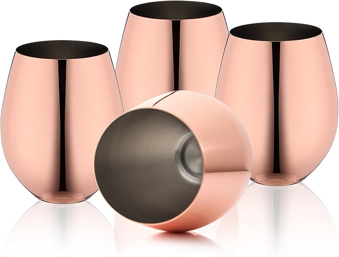 WOTOR Rose Gold Wine Glasses Set of 4, 18oz Copper Wine Glasses, Stemless Stainless Steel Wine Glasses, Unbreakable Metal Wine Glass for Outdoor, Travel, Camping, Ideal Wine Accessories Gift