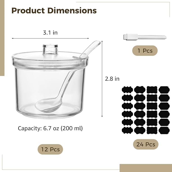 Homaisson 12 PCS Ice Cream Topping Containers with Lids - 6.7 oz Acrylic Clear Sugar Bowl for Countertop with Lid and Spoon, 200 ml Canisters with 24 Labels & Pen for Coffee Tea Tea Spice