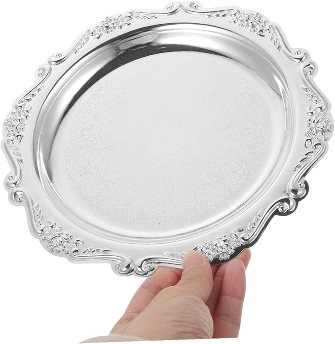 OUNONA Vintage Wrought Iron Snack Serving Tray Silver Dessert Platter for Home Parties Multifunctional Jewelry Dish Holder Elegant Fruit and Appetizer Plate