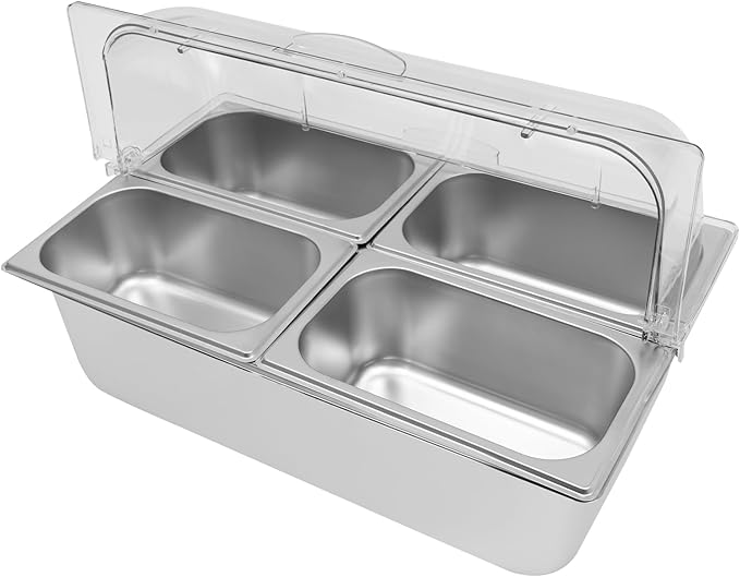 4 Pans Countertop Food Serving Display Container, Stainless Steel Flip-Top Fruit Tray with Clear Roll Top Cover, Buffet Chilled Condiment Container for Restaurant Hotel Kitchen