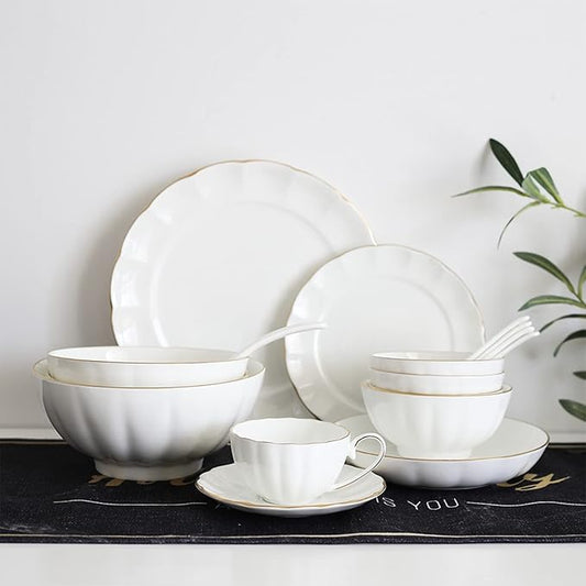 Ceramic Dinnerware Set Collection - Phnom Penh Ceramics Bowls and Plates Sets, 16 Piece Dish Set Includes Dinner Plate, Salad Plate, Soup Bowl, and Mug, Tableware Combination Set, White