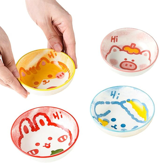 Cartoon Cat Dog Pig and Rabbit Pattern Mini Ceramic Tableware 3.8in Tomato Sauce Plate Sushi Plate Appetizer Plate 4-piece Set