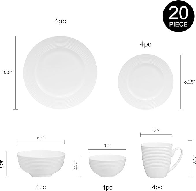 QOUTIQUE Bone China Dinnerware, 20PC Set, Service for 4, White Embossed, circle, Microwave Safe, Translucent, Elegant giftware, Dish set, Essential Home, Kitchen Dishes, Dinner Set