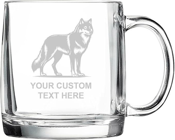 Wolf, Personalized 12.5 oz Polar Camel Glass Coffee Desk Mug – Custom Laser Engraved Clear Cup for Tea, Espresso, Latte, Whiskey - Microwave Safe/Made in USA
