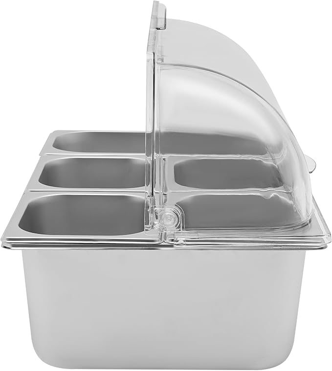 5 Pans Ice Food Serving Display Container w/Clear Roll Top Cover, Stainless Steel Serving Tray Catering Supplies Buffet Display Condiment Dispenser Plate Case for Restaurant Hotel Kitchen