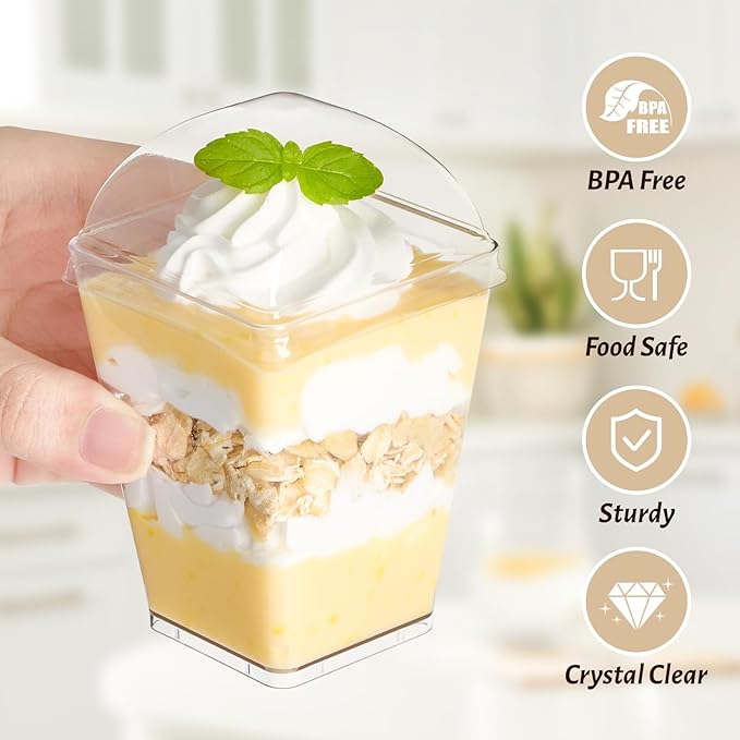 5oz Plastic Dessert Cups with Dome Lids and Spoons, 50 Pack Mini Clear Parfait Cups Square Party Serving Cup for Pudding, Appetizer, Fruit and Ice Cream