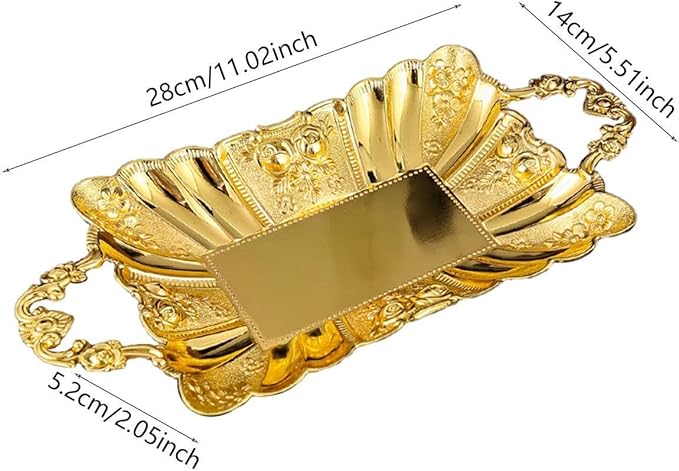 Metal Serving Tray with Handles 11.02x5.51x2.05inch European Style Mirror Fruit Plate for Candy Cupcake Dessert Bar Countertop Table Centerpiece Decor- Gold