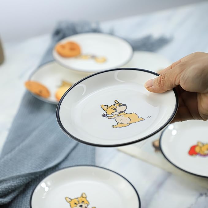 Cute Cartoon Animals Pattern Ceramic Sauce Dishes, Seasoning Dishes, Sushi Soy Dipping Bowls, Appetizer Plates, Dessert Plates, Little Cat Bird Feeding Bowls, Set of 6-Cute Corgi-5 Inch