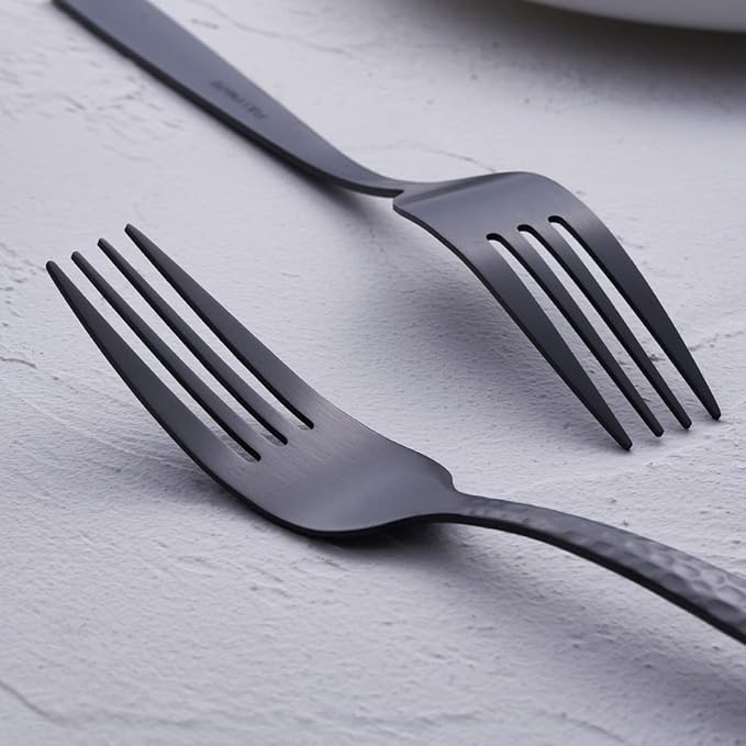 Matte Black 24 Pcs Silverware Flatware Set of 6, FULLYWARE Stainless Steel Hammered Tableware Cutlery Set, Includes Fork Spoon Knife for Home Kitchens, Dishwasher Safe