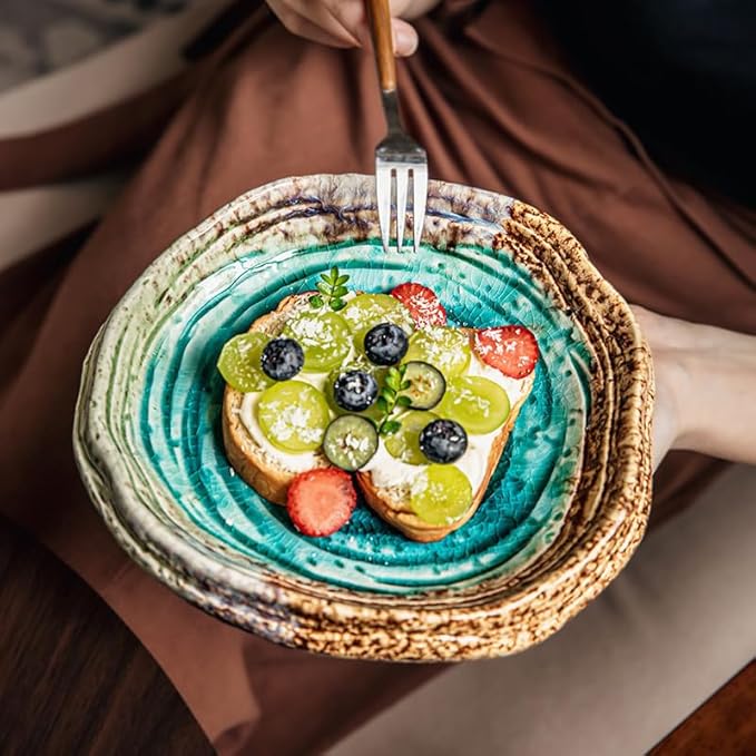 OWNKPM Special-Shaped Ceramic Plate 1 Pice – Green Ice Crack Glaze, Spiral Decorative Pattern, Heavy & Textured – Ideal for Dining Table, Coffee Table, Snacks, Sushi, Fruits, Jewelry & Key Storage