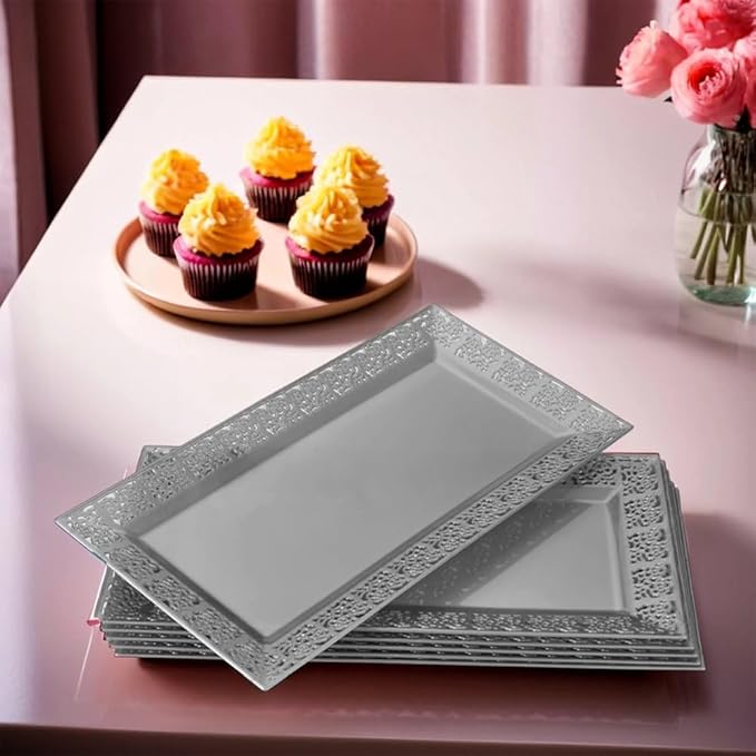 SILVER SPOONS Elegant Lace Plastic Serving Trays (6 PC), Disposable Plastic Trays and Platters for Party - 14” x 7.5”, Serves Snacks, Desserts, Sweets, Perfect for Upscale Wedding, and Dining - Silver
