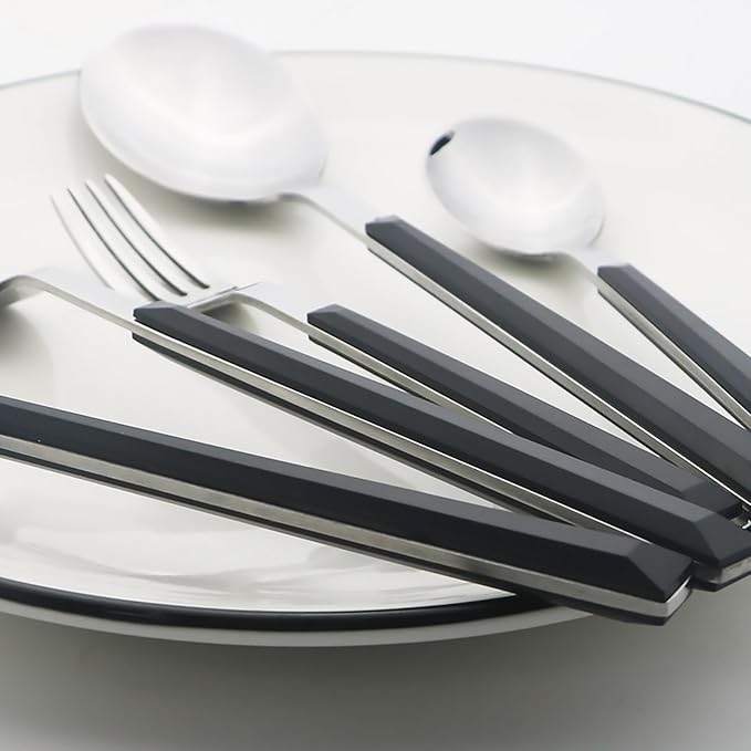 30pcs Modern Handle Flatware Set, Stainless Steel Cutlery Set Include Knife/Fork/Spoons, Mirror Polish, Service for 6 (Black Silver)