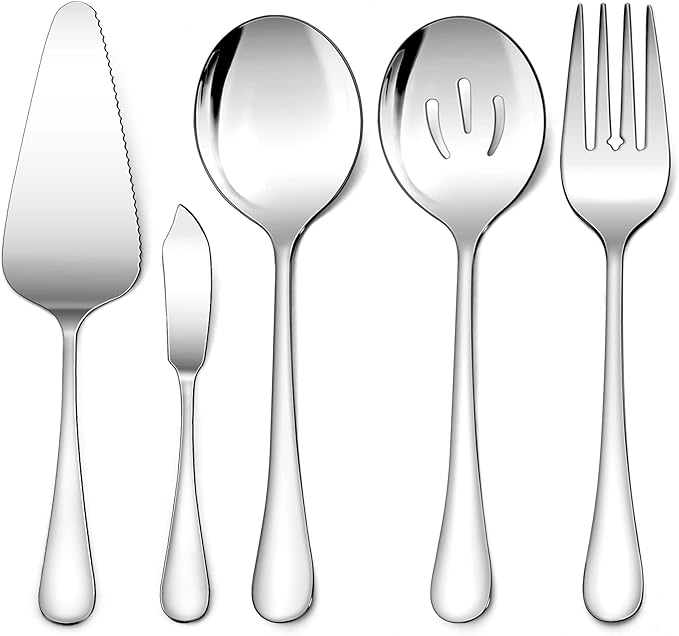 LIANYU 5-Piece Stainless Steel Serving Utensils Set Include Serving Spoon Fork, Flatware Serving Pieces for Buffet Catering, Mirror Finish, Dishwasher Safe