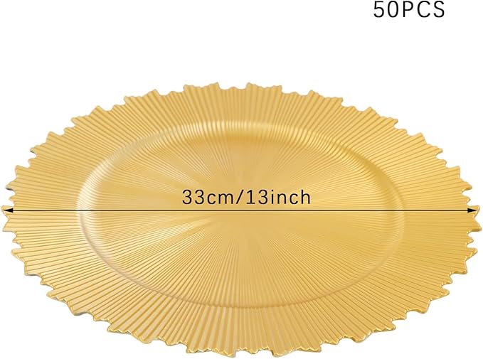 100 PCS Charger Plates Bulk, 13 Inch Plastic Round Charger Dinner Plates Jagged Edge Service Plates Decorative Chargers Bulk for Table Setting Wedding Party Event(Gold)