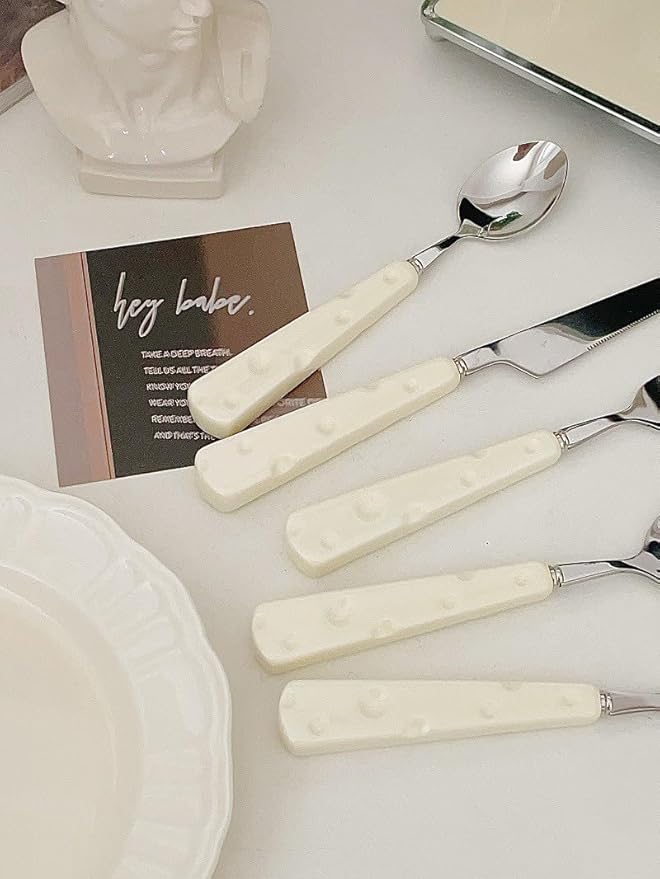 4Pcs Silverware Set, Cute Stainless Steel Flatware Cutlery Set with Cheese-shaped Ceramic Handle Dishwasher Safe Kitchen Dinnerware Set Include Knife/Fork/Spoon/Coffee spoon