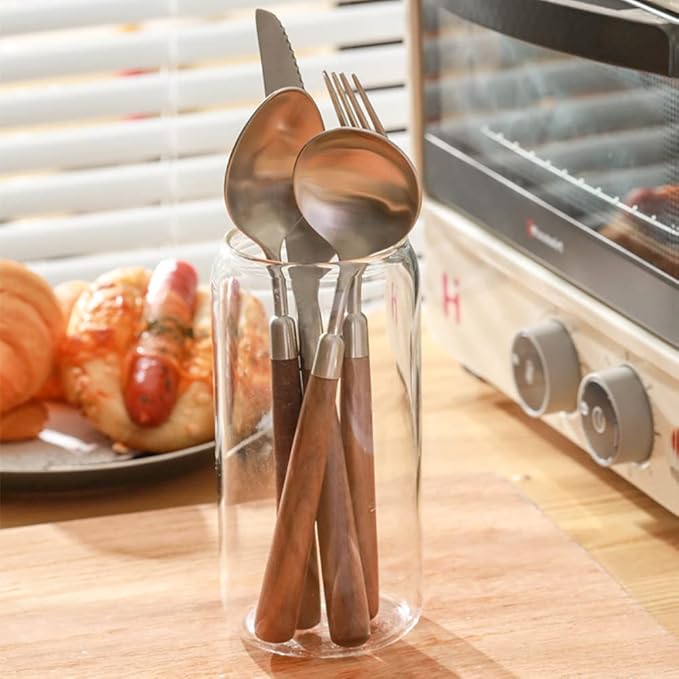 Wood Silverware Set for 6 Wooden Flatware Cutlery Utensils Set 18/10 Stainless Steel Walnut Handle 24 Piece Include Knives Forks and Spoons Tableware Set for Home Kitchen Wedding Restaurant