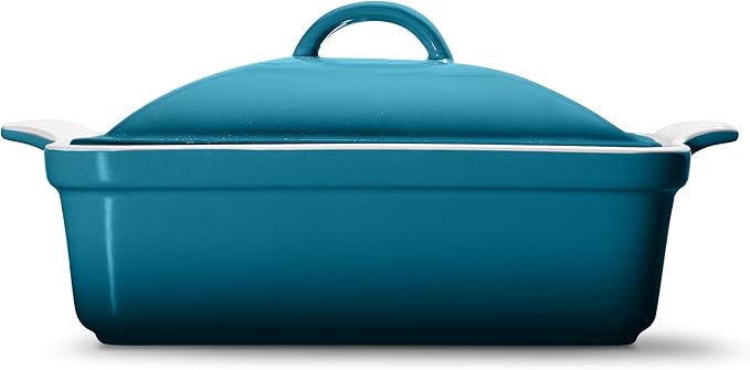 Stoneware Casserole Dish Bakeware with Lid | Covered Square Dinnerware | Large 2.5 Quart, [Ocean Blue]