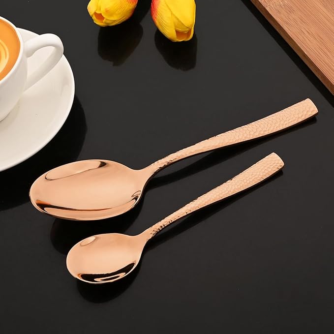 JASHII 5-Piece Rose Gold Hammered Flatware Hostess Set Stainless Steel Serving Fork Slotted Serving Spoon Butter Knife Teaspoon Set for Buffet Party Mirror Polished Dishwasher Safe