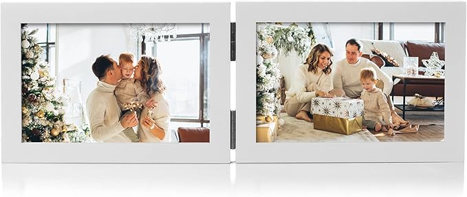 4x6 Double Horizontal Hinged Picture Frame Folding Photo Frame in White Pine Wood with Real Glass for Tabletop P-BAI-2H46