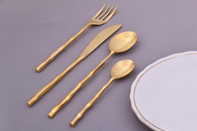 DeKulture Handmade Pure Brass 4-Piece Cutlery Set: Gold Flatware for Dining & Serving