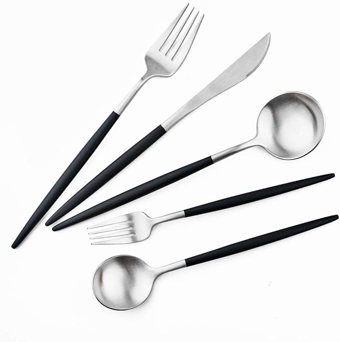Gugrida Luxury Flatware, Royal 20 Piece Matte Black Handle 18/10 Stainless Steel Tableware Sets for 4 Including Forks Spoons Knives, Camping Silverware Travel Utensils Set Cutlery (Black Silver)