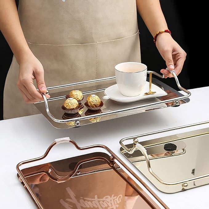 Nordic Rectangular Stainless Steel Tray with Handles Coffee Serving Tray
