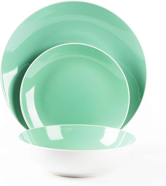 Stoneware Coupe Shape 18pc Dinnerware Set, Outside White + Inside Teal