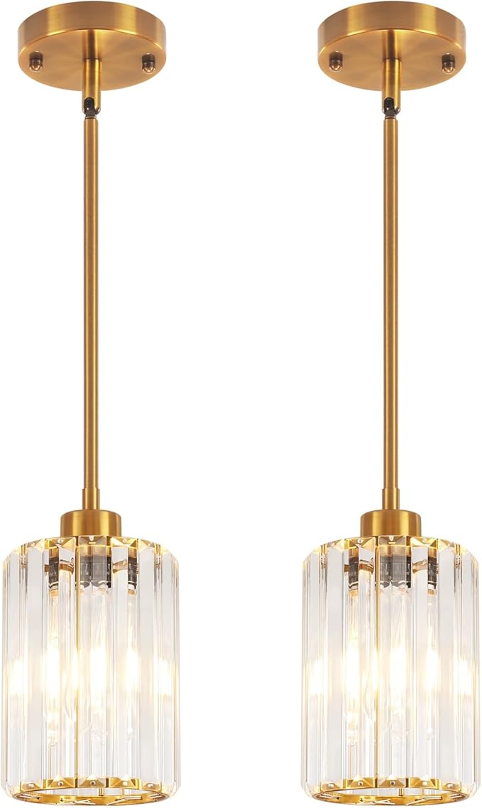 2 Pack Pendant Lights Kitchen Island, Modern Gold Crystal Pendant Lighting, Kitchen Hanging Light fixtures Mini Chandelier Pendant Lighting for Island Dining Room Hallway