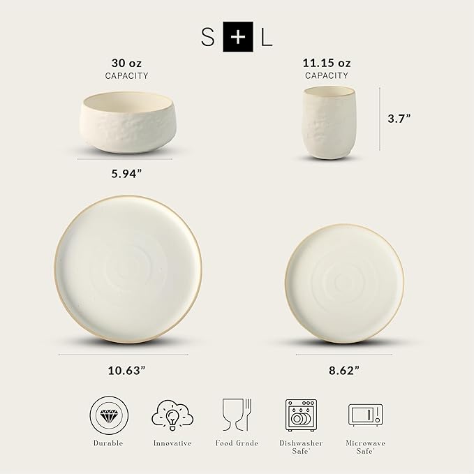 Stone by Mercer Project SHOSAI 32-Piece Stoneware Dinnerware Set, Plates and Bowls Set, Modern Dishware set fo 8, White Speckled