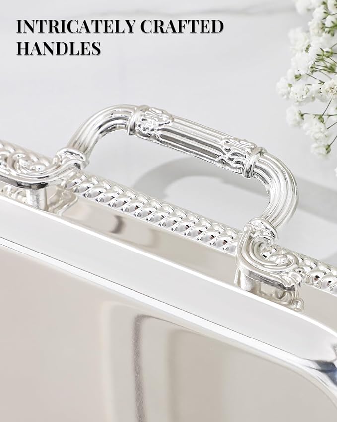 18.5"x14.5" Rectangular Silver Serving Tray with Handles, Beautiful Mirror Polished Finish, Lightweight Classic Metallic Decorative Silverplate Tray for Wedding Anniversary Birthday Holiday Gatherings