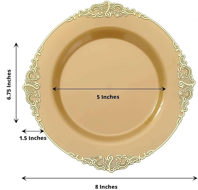 8" Salad Plates -Set of 10 - Plastic Gold Round Baroque Disposable Chargers Leaf Embossed Rim, Ideal for Dinner Party Wedding Bulk Events