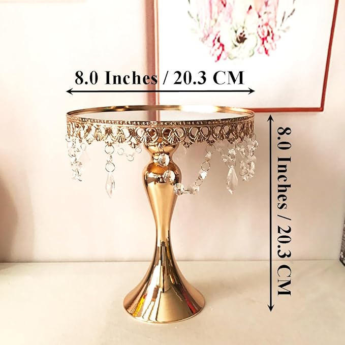 8 Inches 20 cm Gold Round Mirror Cake Stand Cupcake Stands Metal Pedestal Holder with Crystals, Party Dessert Cheese Display Plate for Wedding Party Birthday Baby Shower Celebration Home Decors