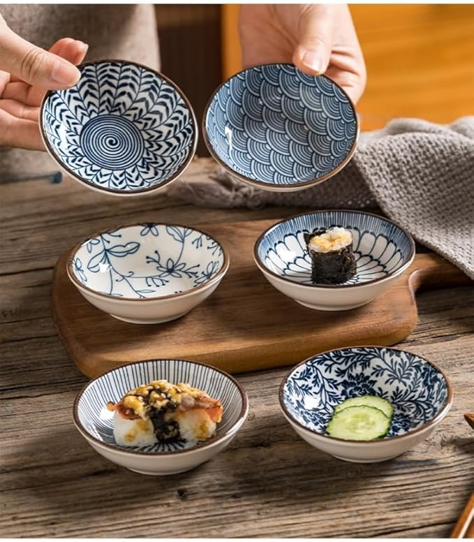 6 Pack 3 oz Small Ceramic Side Dish Japanese Dipping Sauce Dish Soy Sauce Dish Cute Mini Bowls for Sushi,Dipping,Ketchup,Condiment,Snack,BBQ Party (cyan blue)