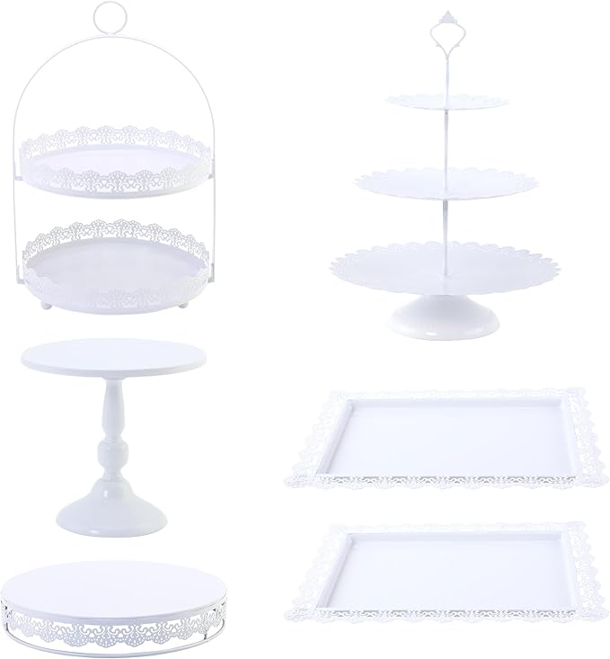 6 Pcs White Cake Stands Set, QENUIITEA Cake Display Pedestal Tiered Cupcake Holder Dessert Plate Serving Tower Tray Decorative for Wedding Birthday Party Baby Shower Celebration