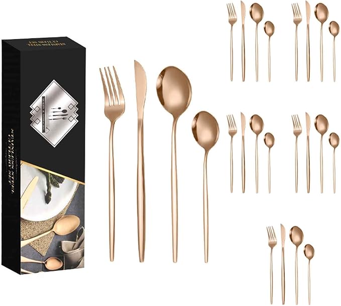 Flatware Service for 24 PCS, Knives Forks Spoon Set Serving for 6, Dishwasher Safe, for Tableware, Kitchen, Formal Events, Parties, Home, Hotel(Size:A,Color:Rose Gold)