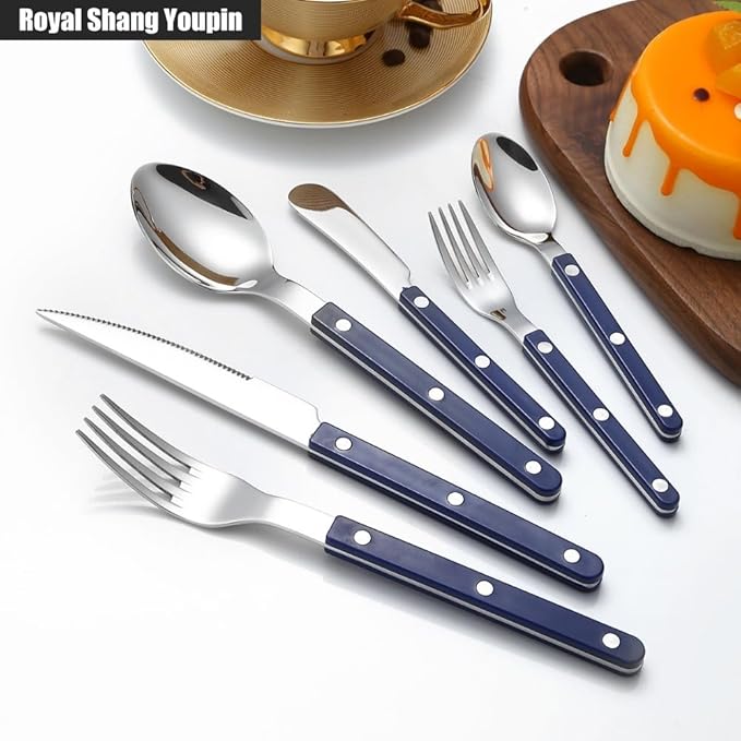 Rivet ABS Clamp Handle Kitchen Stainless Steel Silverware Tableware Flatware Cutlery Set Steak Knife Fork Spoon Teaspoon Western Tableware Butter Knife Set (Blue,20 pieces)